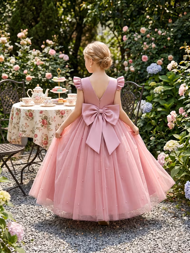 Vestido de fiesta maxi perlas lazo corto atrás manga capa rosado - Imagen 5