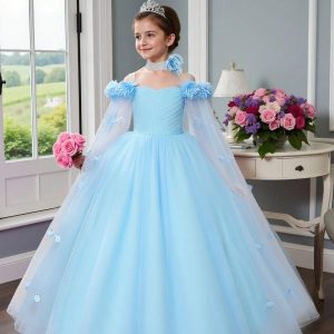Vestido fiesta corbata aplique floral 3d manga tul celeste