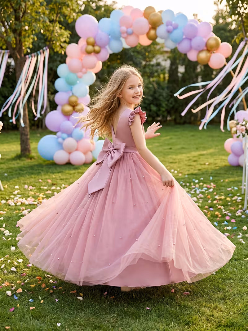 Vestido de fiesta maxi perlas lazo corto atrás manga capa rosado - Imagen 3