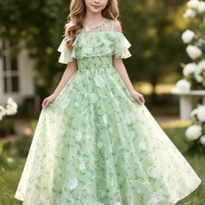Vestido casual floral maxi bordado rosas verde menta