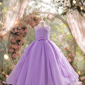 Vestido de fiesta organza asimétrico lentejuelas en pecho lila