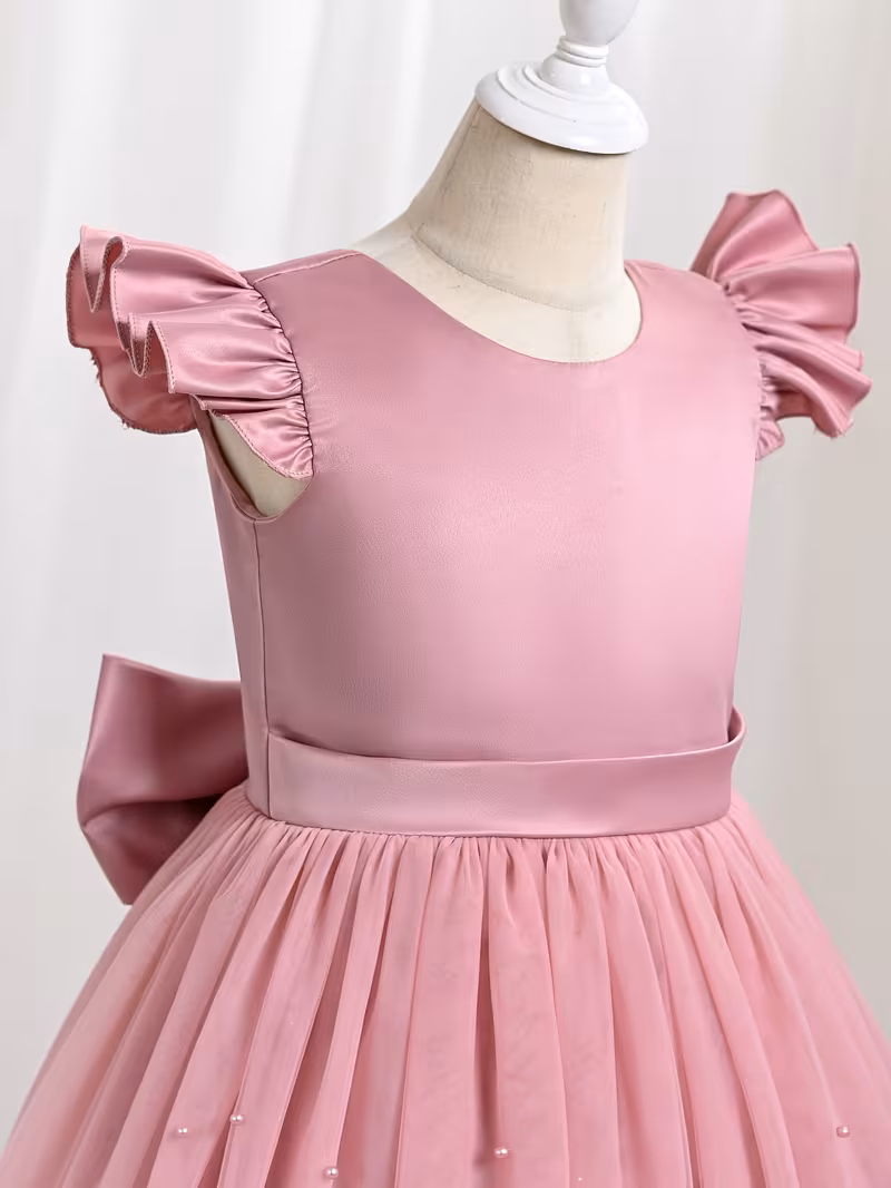 Vestido de fiesta maxi perlas lazo corto atrás manga capa rosado - Imagen 4
