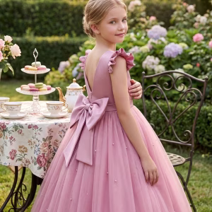 Vestido de fiesta maxi perlas lazo corto atrás manga capa rosado