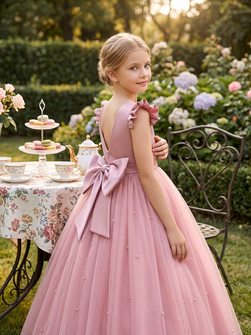 Vestido de fiesta maxi perlas lazo corto atrás manga capa rosado