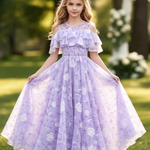 Vestido casual floral maxi bordado rosas lila