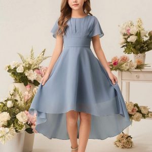 Vestido elegante asimétrico  gasa cuello redondo cola de pato celeste