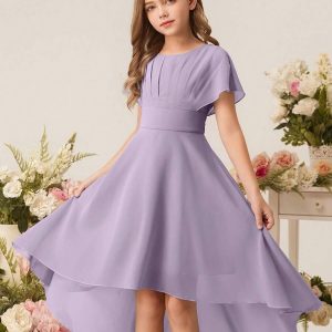 Vestido elegante asimétrico  gasa cuello redondo cola de pato lila