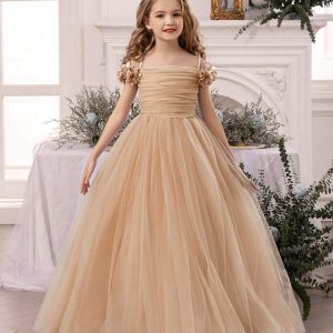 Vestido fiesta champan con tirantes floral 3d