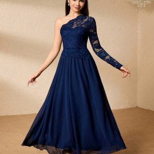 Vestido elegante con encaje y gasa asimétrico azul manga larga