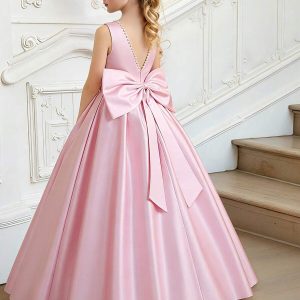 Vestido elegante satén sin mangas cuello V perlas lazo grande rosado