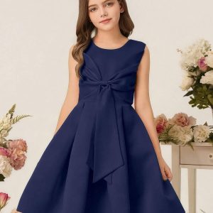 Vestido elegante color liso azul princesa lazo delantero