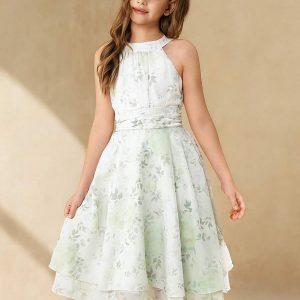 Vestido midi elegante sin mangas, halter, estampado plantas