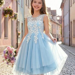Vestido de fiesta tul con apliques celeste