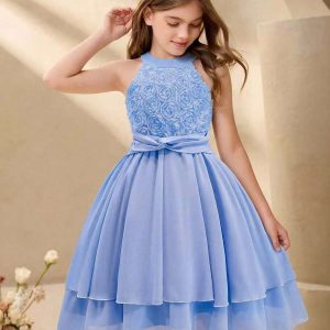 Vestido elegante cuello halter decoración floral en pecho 3d celeste