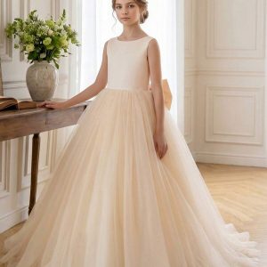 Vestido de fiesta champan largo con lazo atrás