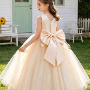 Vestido fiesta princesa champan lazo y pedrería cintura