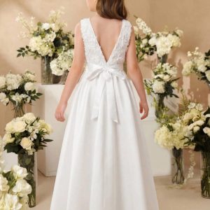 Vestido blanco de fiesta largo detalle encaje pecho rosas 3D, falda satén