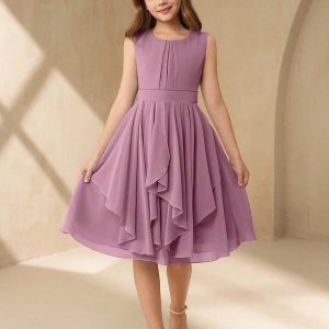 Vestido midi corto asimetrico sin mangas morado