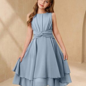 Vestido midi sin mangas elegante corte bajo a capas celeste