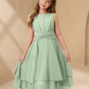 Vestido midi sin mangas elegante corte bajo a capas verde