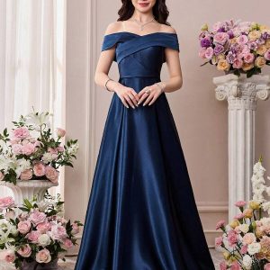 Vestido largo satén premium elegante escote bardot espalda lazo azul