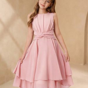 Vestido midi sin mangas elegante corte bajo a capas rosado