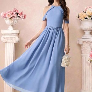 Vestido elegante gasa cintura fruncida maxi celeste