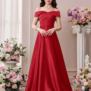 Vestido largo satén premium elegante escote bardot espalda lazo rojo