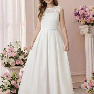Vestido elegante blanco satén y encaje lazo grande maxi manga cero