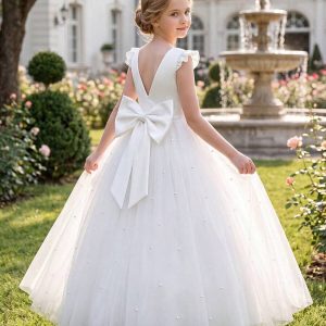 Vestido fiesta maxi manga capa lazo y perlas en falda