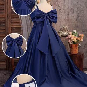 Vestido de fiesta satén maxi con lazo grande sin mangas azul