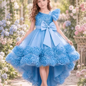 Vestido de fiesta lentejuelas con falda apliques rosas 3d cola de pato