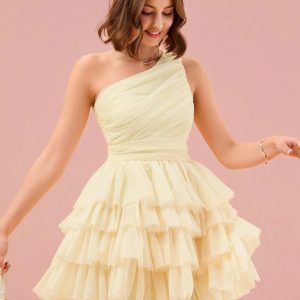 Vestido fiesta tul con pliegues asimétricos corto amarillo