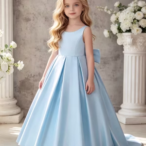 Vestido de fiesta satén premium lazo grande con cola celeste