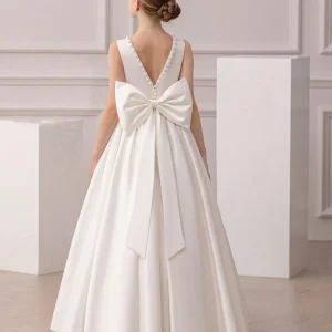 Vestido elegante satén sin mangas cuello V perlas lazo grande blanco
