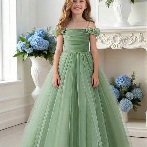 Vestido fiesta princesa hombros 3d con tul verde olivo