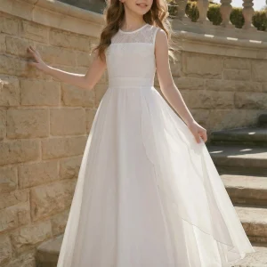 Vestido de fiesta encaje y tul falda en capas tela suave blanco