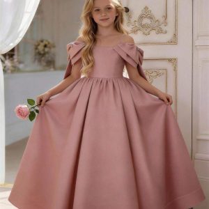 Vestido de fiesta, de lujo, hombros con lazo, largo satén premium palo rosa