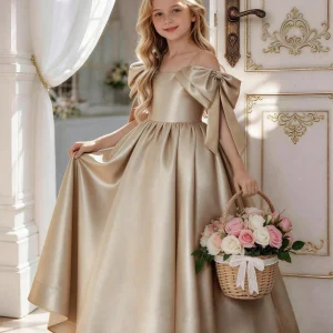 Vestido de fiesta, de lujo, hombros con lazo, largo satén premium dorado