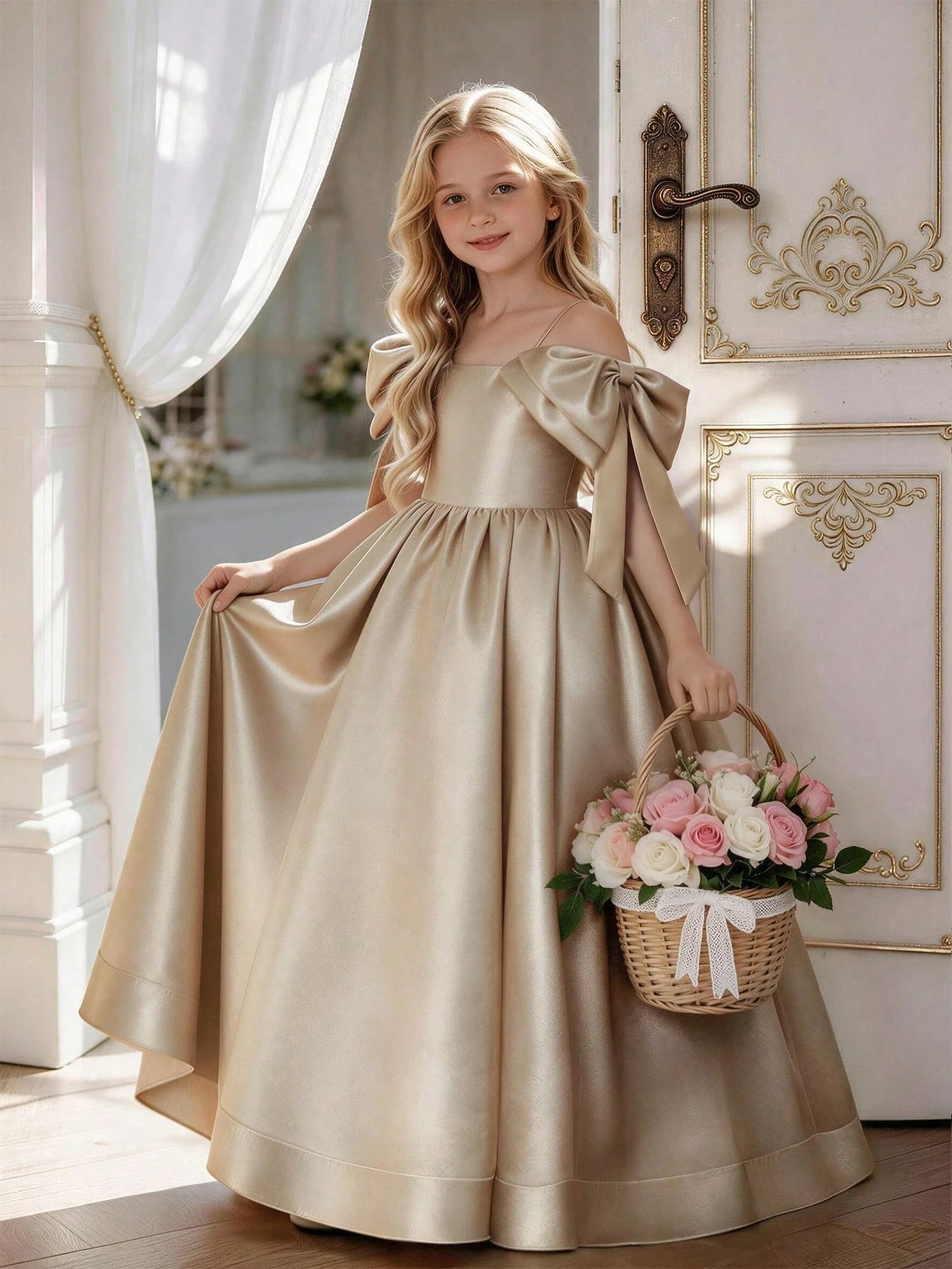 Vestido de fiesta, de lujo, hombros con lazo, largo satén premium dorado
