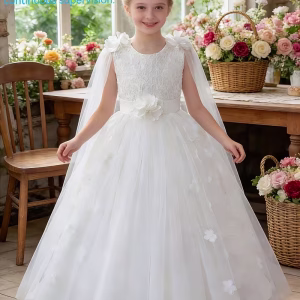 Vestido de fiesta mangas chal flores 3d blanco