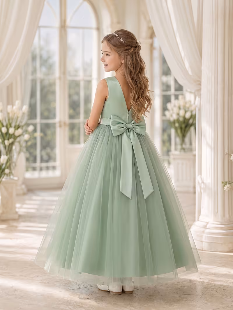 Vestido de fiesta detalle cinturón encaje cuello V atrás verde - Imagen 3