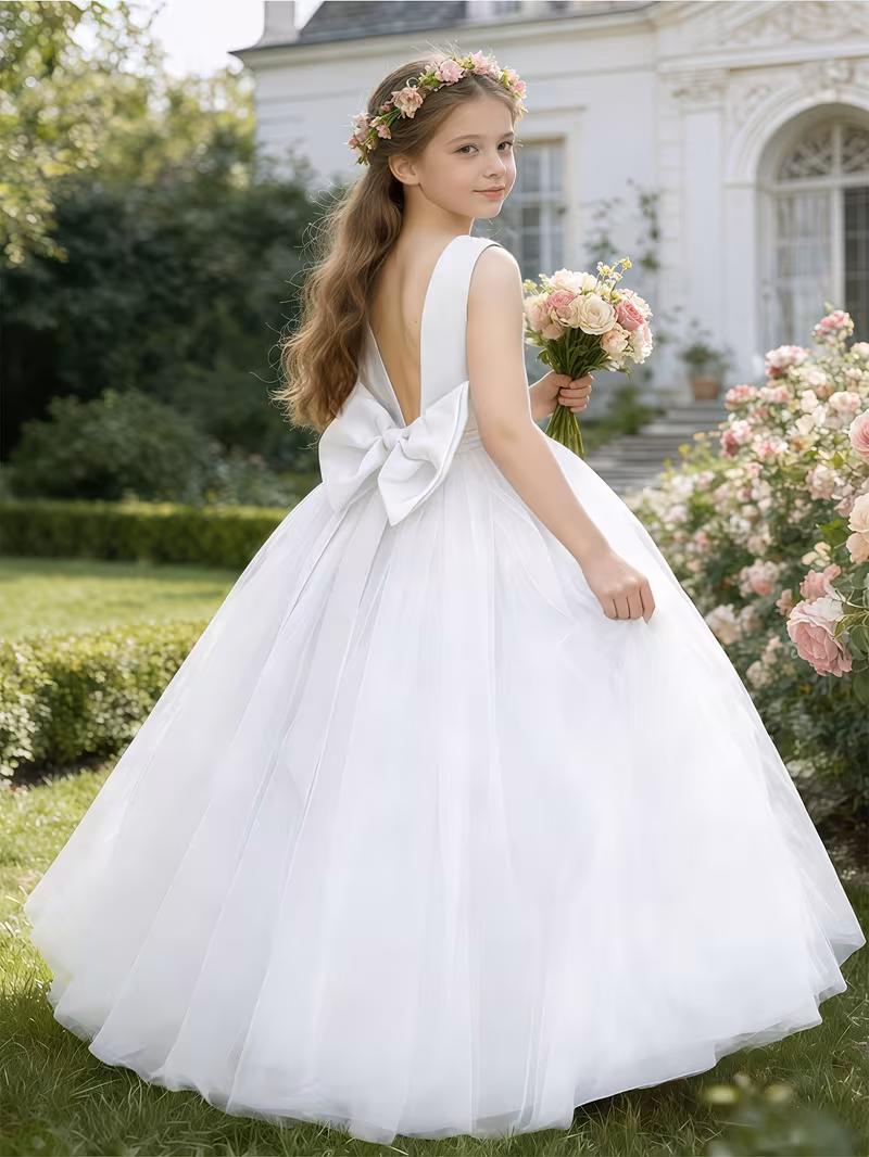 Vestido de fiesta blanco con tul con perlas en cintura - Imagen 2