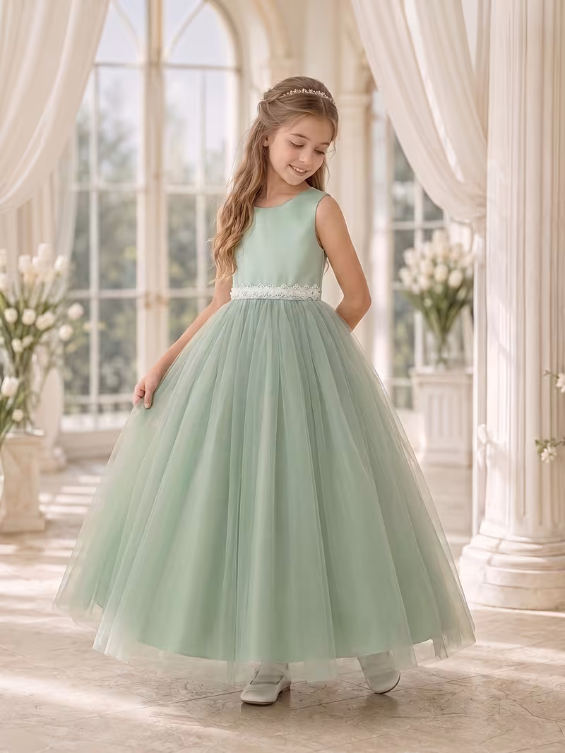 Vestido de fiesta detalle cinturón encaje cuello V atrás verde - Imagen 2
