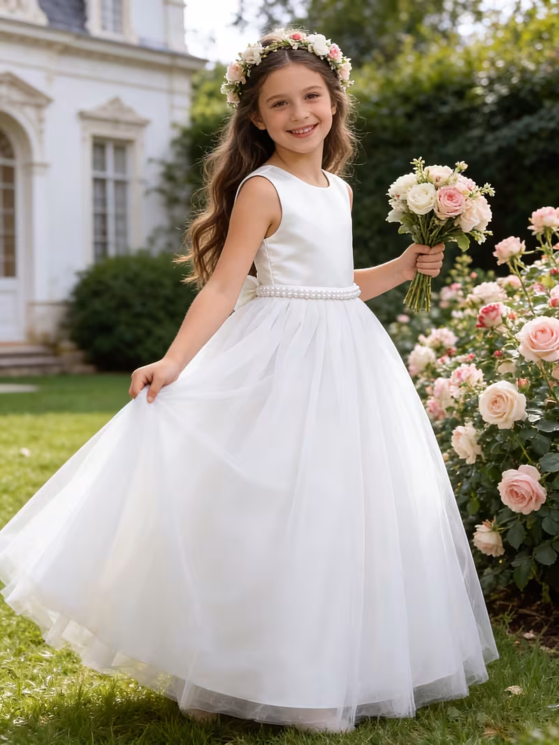Vestido de fiesta blanco con tul con perlas en cintura - Imagen 4