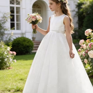 Vestido de fiesta perlas en cuello y falda princesa blanco