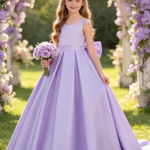 Vestido de fiesta satén premium lazo grande con cola malva