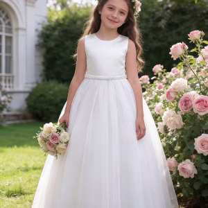 Vestido de fiesta blanco con tul con perlas en cintura