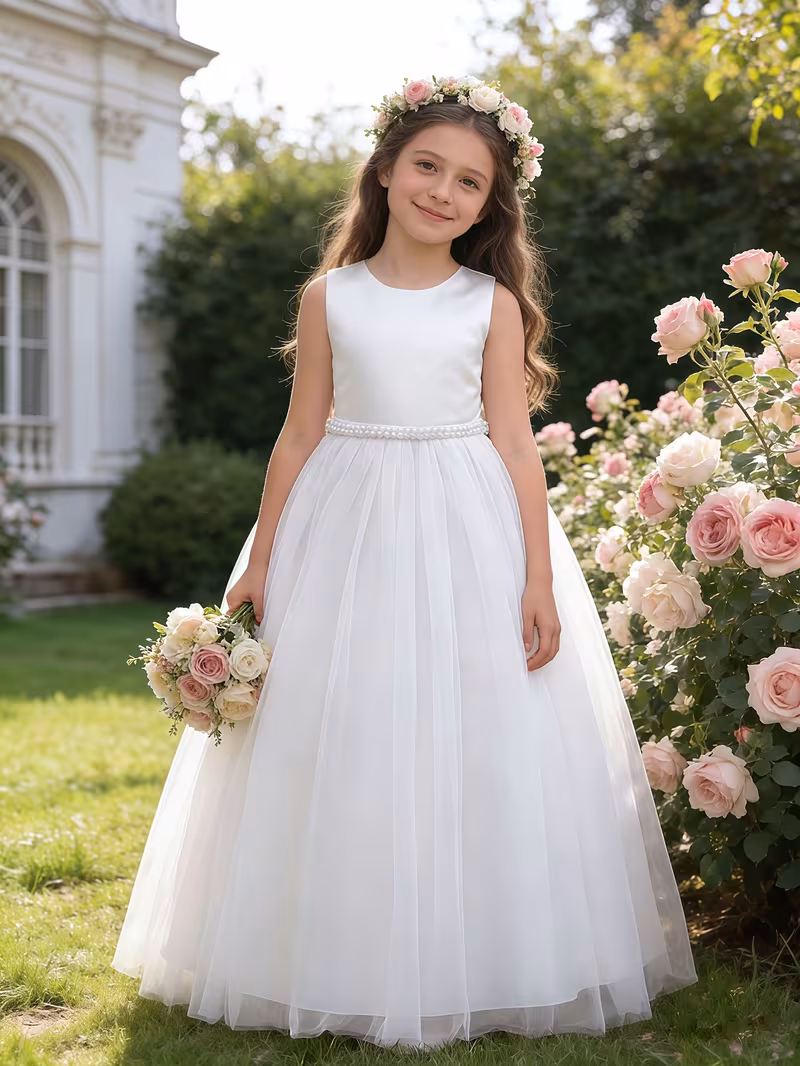 Vestido de fiesta blanco con tul con perlas en cintura