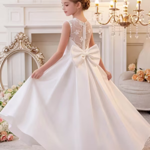 Vestido de fiesta satén con encaje en espalda y lazo blanco niñas